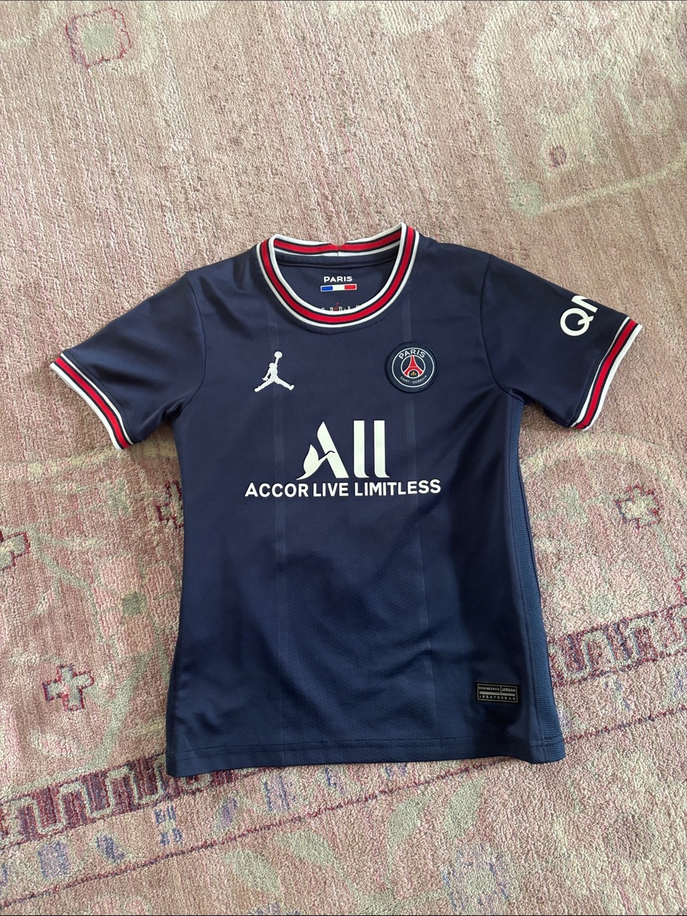 Jordan Paris Saint-Germain Navy Blue Kids Soccer Jersey with Red & White Trim